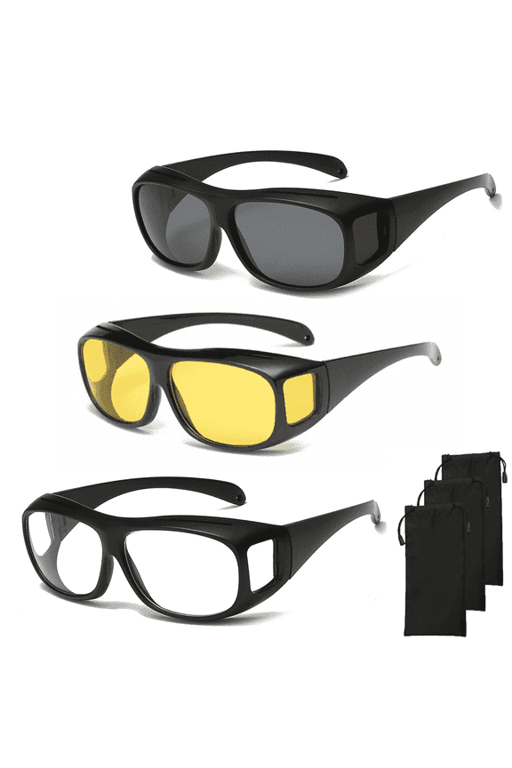 3-Pack Motorcycle Riding Glasses - UV400 Windproof/Dustproof Goggles HD Night Anti Glare Wraparound Sunglasses for Cycling, Biking, Outdoor Sports