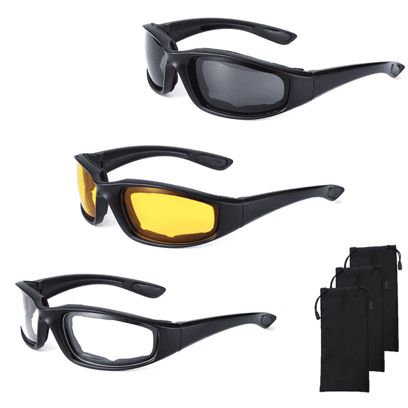 3-Pack Motorcycle Riding Glasses - UV400 Windproof/Dustproof Goggles with Foam Cushion for Cycling, Biking, Outdoor Sports