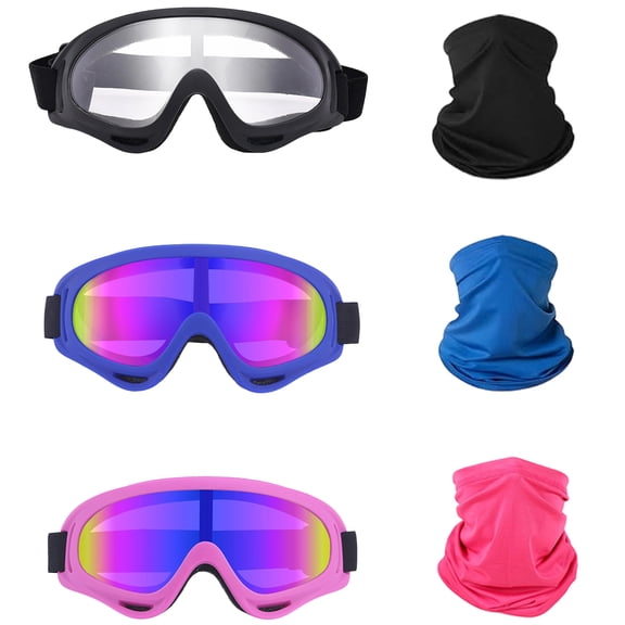 3 Pack Motorcycle Ski Goggles Off-Road ATV UTV MTB Motocross Riding Glasses Windproof Skiing Goggles With 3PCS Neck Gaiter, UV400 Anti-Fog Dustproof Eyewear Cycling Sunglasses for Adult Youth Kids