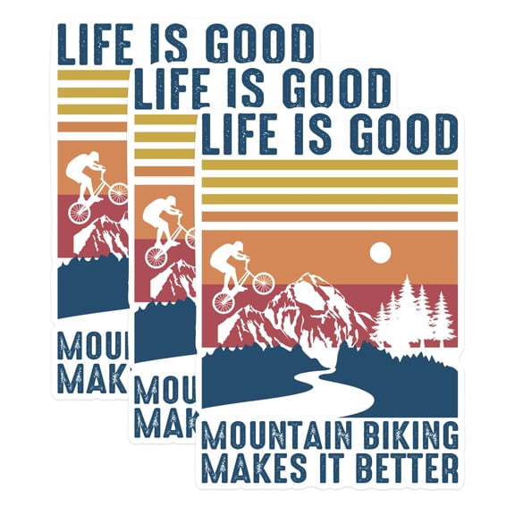 (3 Pack) Mountain Biking Decals - Biker Laptop Decal - Life is Good Decals - 3 Inches On Longest Side - Easy Peel & Apply - Made in USA - 3MCS1207