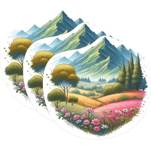 (3 Pack) Mountain Landscape Decals - Nature Scenery Stickers - Floral Meadow Art - 3 Inches On Longest Side - Easy Peel & Apply - Made in USA - 3MCS1165