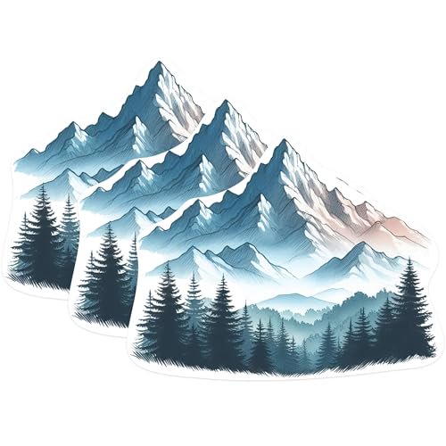 (3 Pack) Mountain Range Decals - Pine Tree Art - Laptop Decal - 3 Inches On Longest Side - Easy Peel & Apply - Made in USA - 3MCS1163