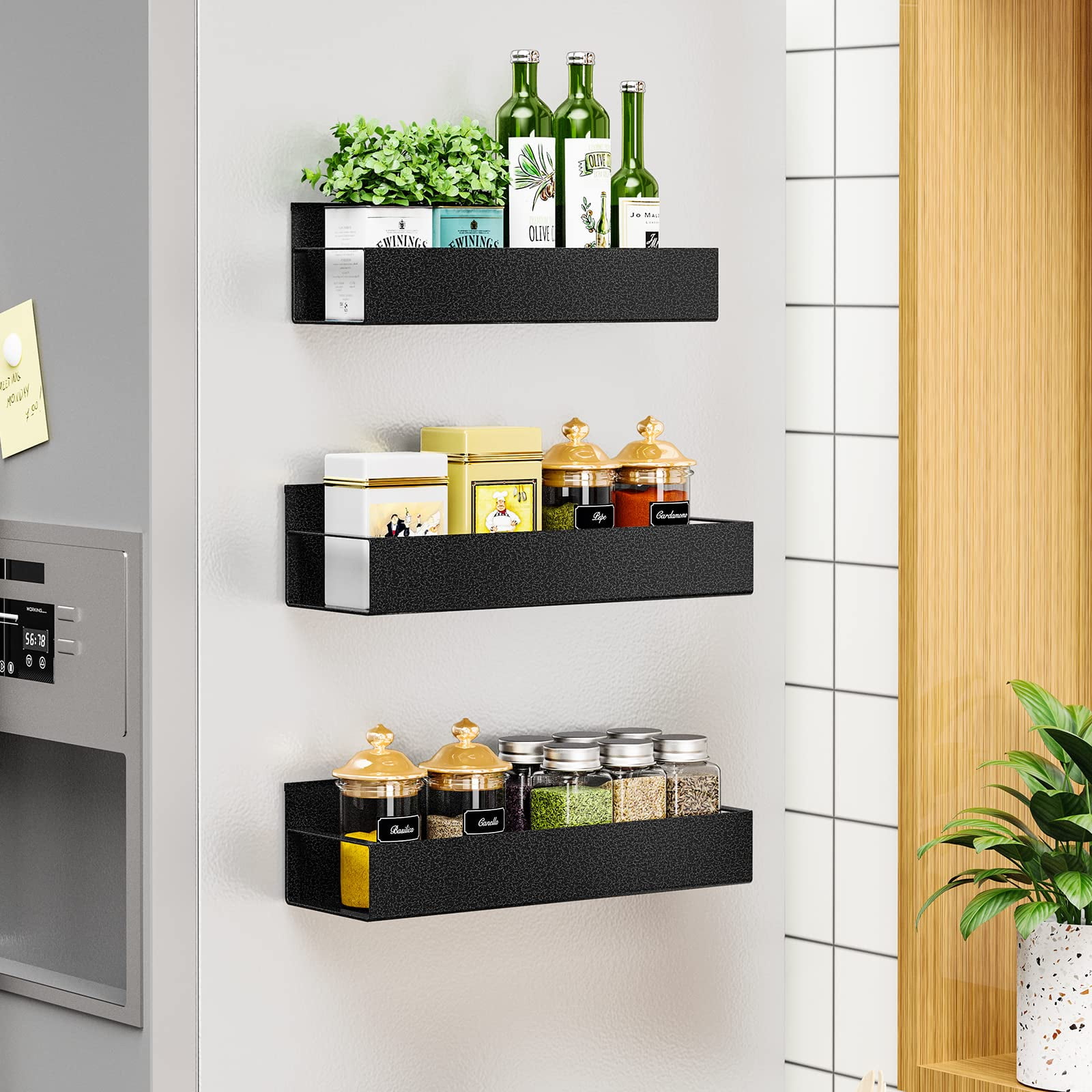 3 Pack Moveable Fridge Magnetic Spice Racks, Metal Black
