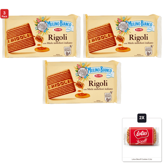 3 Pack | Mulino Bia, Rigoli Milk And Honey Cook, 14.1 Ounce & 2x Lotus Biscoff Cookies 0.2oz