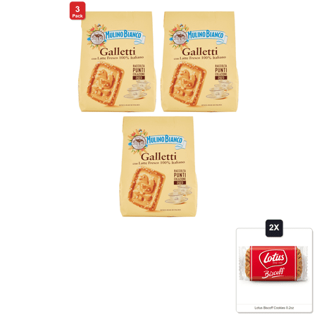 3 Pack | Mulino Bianco Biscotti Frollini Galletti, Colazione Ricca Di Gusto, 800G & 2x Lotus Biscoff Cookies 0.2oz