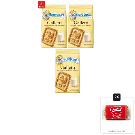 3 Pack | Mulino Bianco Galletti 12.35Oz (350G) – Authentic Italian Breakfast Biscuits With Light Sweetness – Perfect With Coffee Or Tea & 2x Lotus Biscoff Cookies 0.2oz