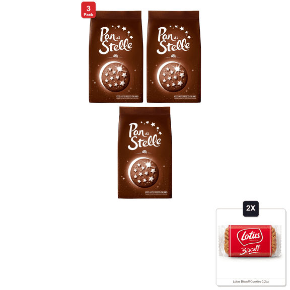 3 Pack | Mulino Bianco Pan Di Stelle 12.35Oz (350G) Authentic Italian Cocoa Cookies With Chocolate And Sugar Stars Perfect Snack Or Coffee Companion & 2x Lotus Biscoff Cookies 0.2oz
