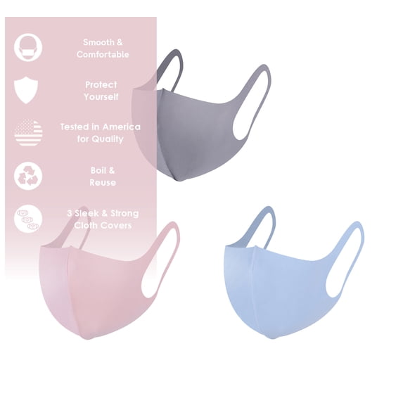 3 Pack - Multi Color Cloth Cover - Light Gray, Light Blue, Light Pink - Safe, Multi-Use, Outdoor Use - Quality Tested in America - Unisex - Boil Easily for Multiple Uses