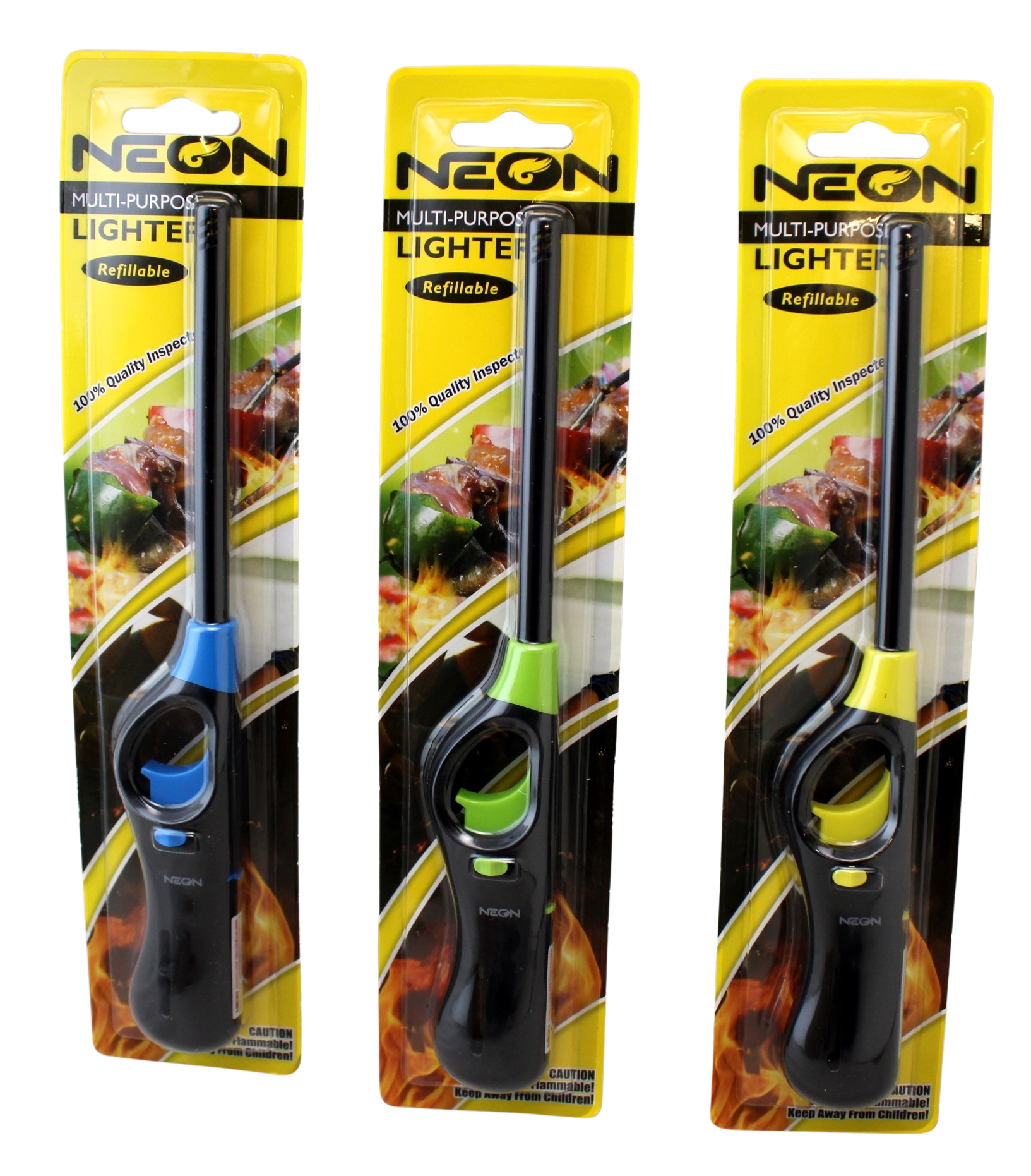 DEPENDABLE INDUSTRIES 3-Pack Multi-Purpose Refillable BBQ Lighters - Adjustable Flame, Safety Lock, Assorted Colors