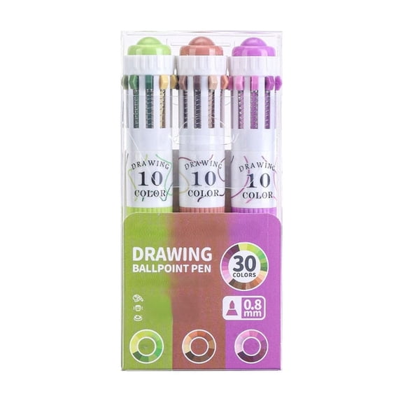 3 Pack Multicolor Ballpoint Pens, 10-in-1 Colored Ballpoints, 0.8mm Tip Retractable Drawing Rollerball Pen for Office Supplies & Classroom Rewards
