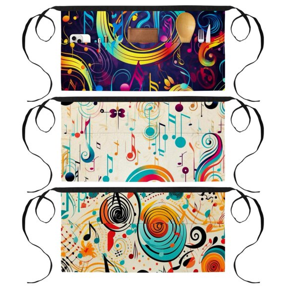 3 Pack Music Note Server Aprons with 3 Pockets - Unisex Short/Half Waiter Waist Short Apron