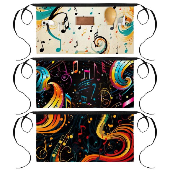3 Pack Music Note Waist Aprons - Half Apron with 3 Pockets for Men and Women, Kitchen, Restaurant, 23.6x12 In, One Size Fits All