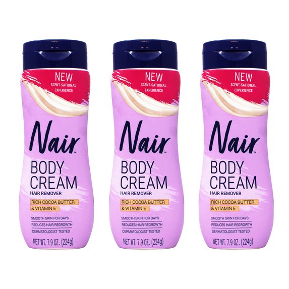 3 Pack - Nair Body Cream Hair Remover, Cocoa Butter and Vitamin E, Body Hair Removal Cream for Women, 7.9 oz