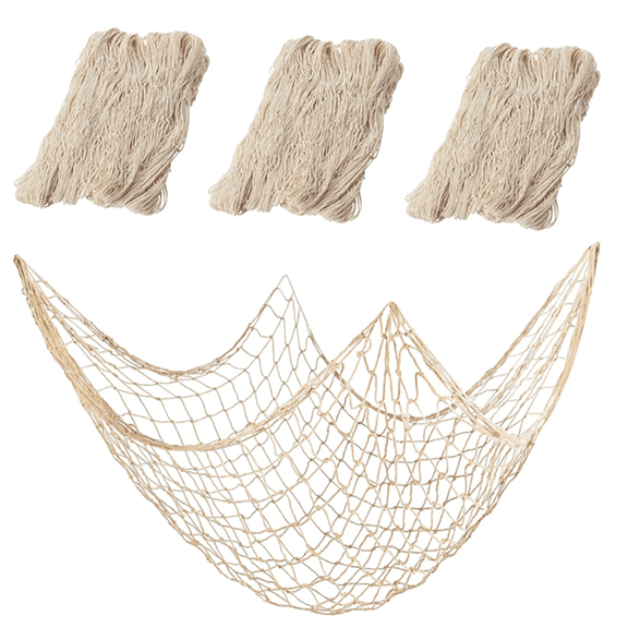 3 Pack Natural Cotton Fish Net Decor, Nautical Themed Decorative Fishnet, Hawaiian Table Runner for Under Sea Pirate Ocean Beach Halloween Party Home Wall Decoration(39.37inX59in)