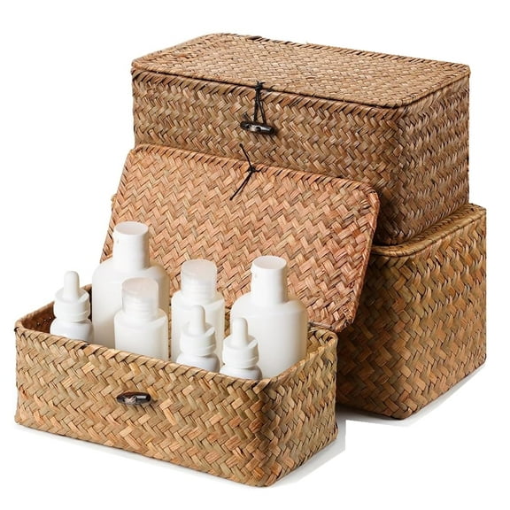 3 Pack Natural Rattan Storage Basket Box with Lid Rectangular Woven Shelf Baskets Bins for Organize Snack Toys Set of 3 Natural Decorative,Home Storage Organizer Container(10"+11"+12.6")