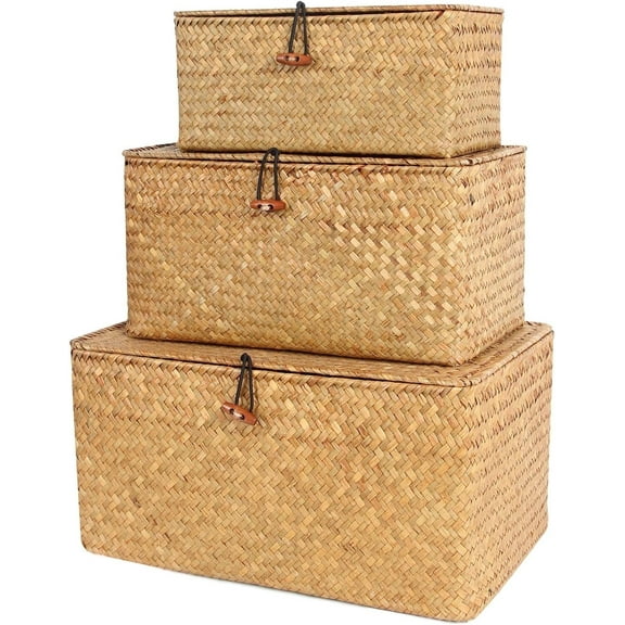 3 Pack Natural Rattan Storage Box, Large Storage Bins with Lids, Wicker Storage Basket, Closet Storage Baskets for Bathroom, Living Room, Kitchen, Natural (10"+11"+12.6")