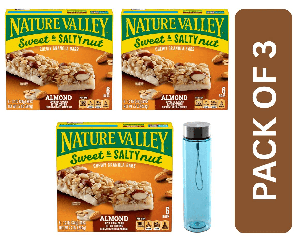 3-Pack Nature Valley Almond Sweet & Salty Nut Granola Bars (6 Bars Each) with Blue Water Bottle by ValueNest