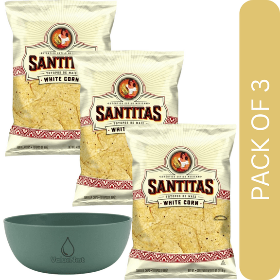 3 Pack Of Santitas White Corn Tortilla Chips, Authentic Mexican Snack Chips, 11 oz Bag, With Olive Green Bowl By ValueNest
