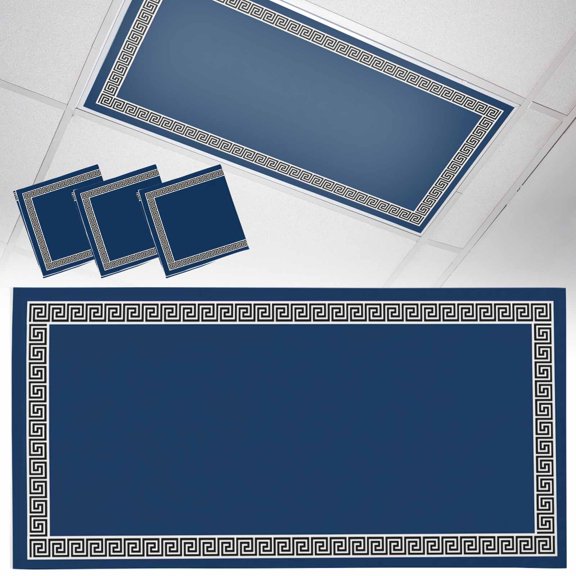 3 Pack Navy Blue Fluorescent Light Covers for Ceiling Lights Greek Chinese Style Border Geometric Magnetic Ceiling Light Covers Overhead Light Filters for Office Classroom Home
