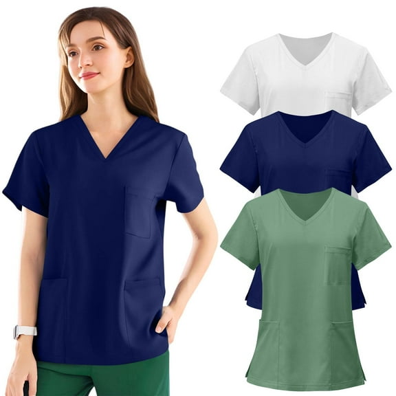3 Pack Navy V-Neck Women Scrub Tops – Soft Stretch with 3 Pockets for Medical & Nursing Use L