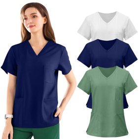 3 Pack Navy V-Neck Women Scrub Tops &ndash; Soft Stretch with 3 Pockets for Medical & Nursing Use S