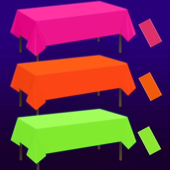 3 Pack Neon Table Cloths Party Decorations, Pink Orange Yellow Glow in The Dark Plastic Tablecloth, Disposable Rainbow Table Cover for Glow in Dark Neon Party Supplies Decorations, 54x108”