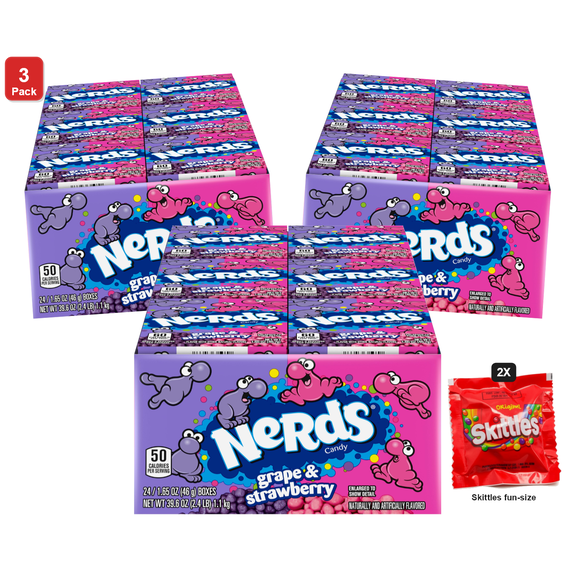 3 Pack | Nerds Candy, Grape and Strawberry, Treat-Size Theater Candy Boxes, 24 Boxes x 1.65 oz Each, with 2 Skittles Fun Size