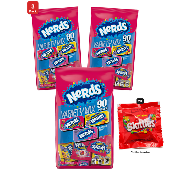 3 Pack | Nerds Variety Mix, Individually Wrapped Assorted Candy, 41.76 oz 90 Count, with 2 Skittles Fun Size