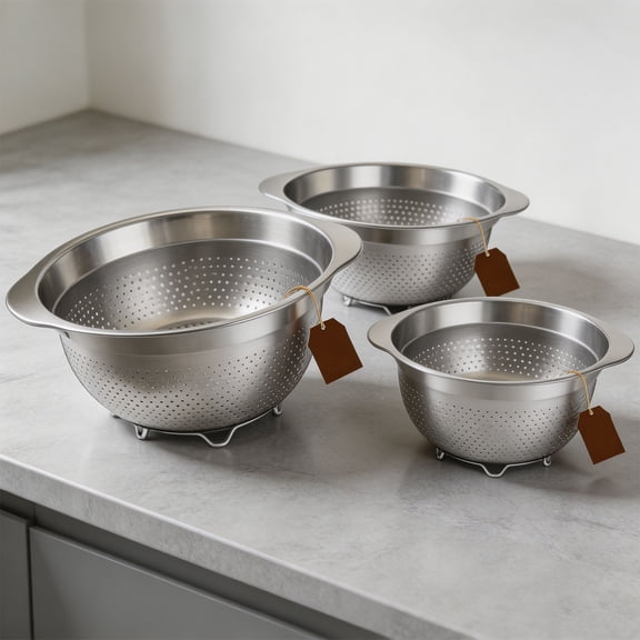 3 Pack Nestable Stainless Steel Colander Set, Micro Perforated Metal Strainers with Side Handles & Support Legs, Stackable Drain Bowls for Rice, Pasta, Fruits
