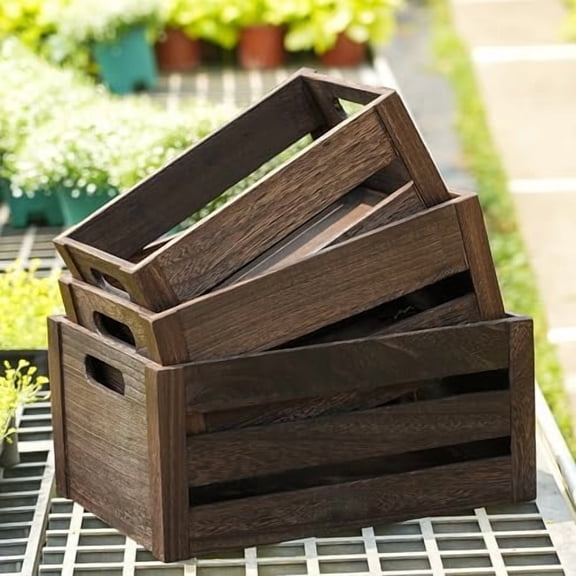 3 Pack Nesting Wooden Crates, Rustic Wood Basket with Handles, Decorative Farmhouse Wooden Storage Boxes$$Home Decor, Kitchen, & Other