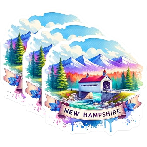 (3 Pack) New Hampshire Decals - Covered Bridge Art - Watercolor Laptop Decal- 3 Inches On Longest Side - Easy Peel & Apply - Made in USA - 3MCS5472