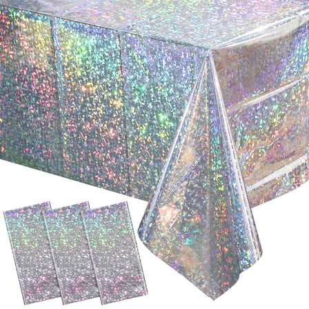 3 Pack Holographic Silver Tablecloth, Shimmery Laser Party Decorations, Disposable Plastic Table Cover for Birthday Wedding Disco Events, 54x108", Silver