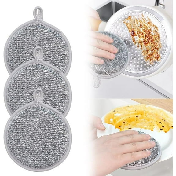 3 Pack New Multifuctional Wire Dishwashing Rags for Wet and Dry, Round Multipurpose Double Layer Non Scratch Wire Dishcloth Cleaning Washing Cloth for Kitchen Sinks Household Supplies