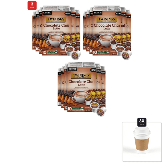 3 Pack | New Twinings Chocolate Chai Latte Tea 60 K-Cup Pods For Keurig, 10 Count (Pack Of 6), Velvety Smooth Cocoa With Real Spiced Tea, Caffeinated & 3x 12oz Disposable Coffee Cup with Lid & Sleeve