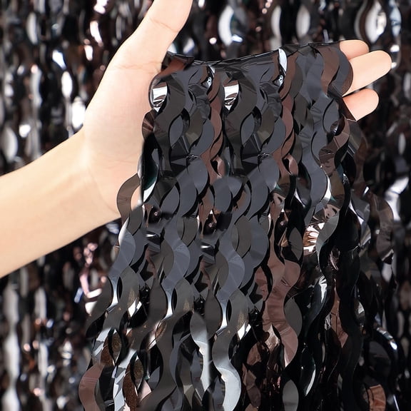 3 Pack New Years Decorations Wavy Black Tinsel Foil Fringe Curtains Party Backdrop 3.3 x 6.6 ft Streamer for Birthday, Graduation, Fiesta, Halloween Decor