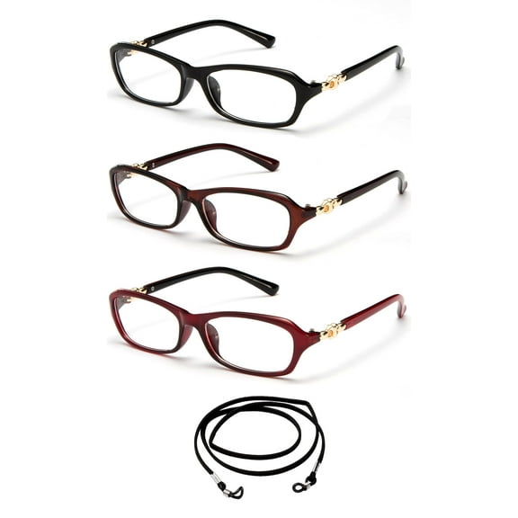 3 Pack Newbee Fashion- "Butterfly" Thin Design Gold Emblem Reading Glasses with Lanyard +1.00