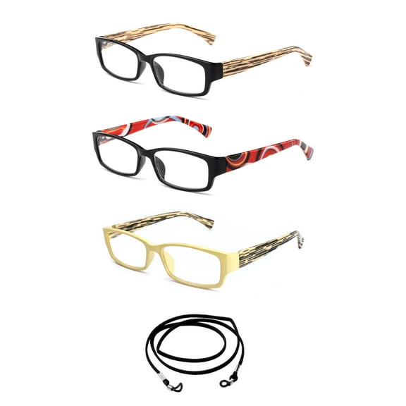 3 Pack Newbee Fashion- "Ceka" Slim Fit Squared Fashion Reading Glasses with Lanyard +1.50