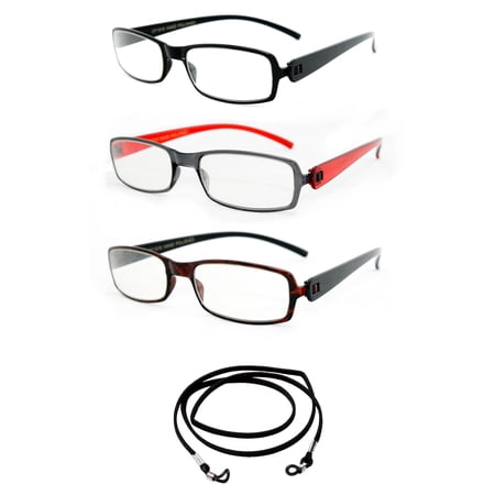 3 Pack Newbee Fashion - "Flex-It" Squared Flexible Thin Frame Fashion Reading Glasses with Lanyard +1.50