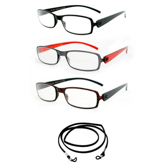 3 Pack Newbee Fashion - "Flex-It" Squared Flexible Thin Frame Fashion Reading Glasses with Lanyard +2.00