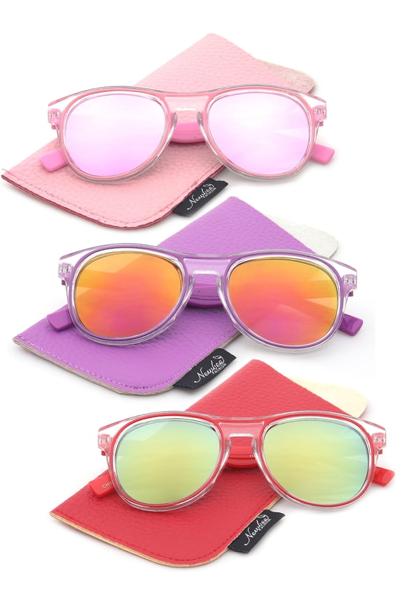 3 Pack Newbee Fashion - Kids Fashion Sunglasses for Girls Boys Toddler Vintage Style Two Tone Clear Frame Color Strips & Temple with Flash Lenses Kids Sunglasses UV Protection, Pink, Purple & Red
