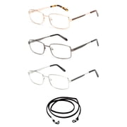 3 Pack Newbee Fashion - Light Weight Metal Frame Squared Durable Reading Glasses with Spring Temple Lanyard +1.75