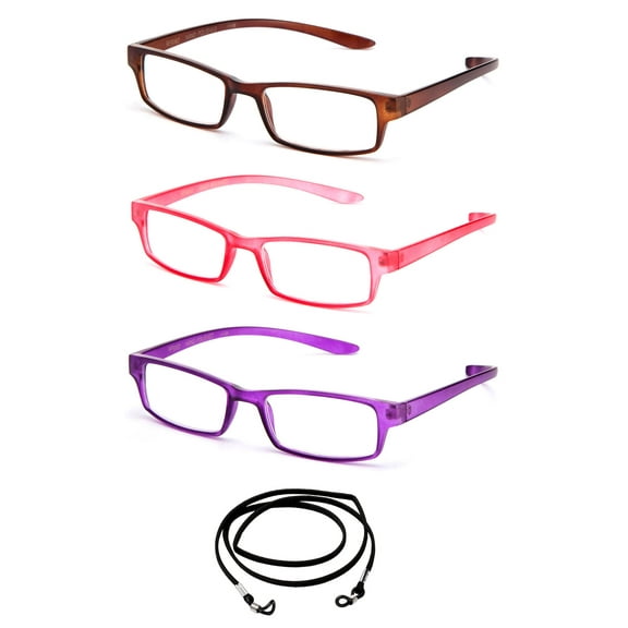 3 Pack Newbee Fashion - "Odessa" Squared Fashion Thin Frame Wrap Around Reading Glasses with Lanyard +1.00