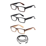 3 Pack Newbee Fashion- "Qio" Full Thick Frame Temple Design Fashion Reading Glasses with Lanyard +1.50