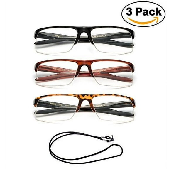 3 Pack Newbee Fashion- "Rivera" Half Frame Spring Temple Reading Glasses with Lanyard +1.00
