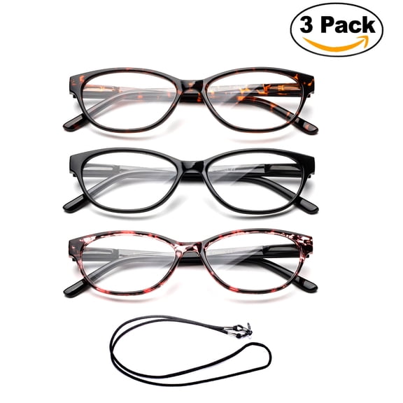 3 Pack Newbee Fashion- "Slimten" Slim Cat Eye Design Fashion Reading Glasses with Lanyard +3.50