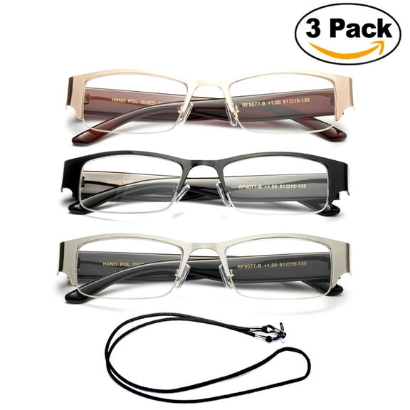 3 Pack Newbee Fashion- "Tents" Half Frame Metal Frame Fashion Reading Glasses with Lanyard +1.00