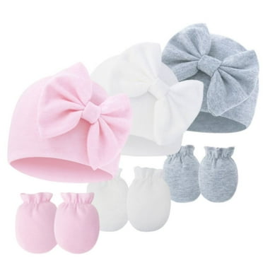 3 Pack Newborn Baby Hospital Hats Beanie Bow Infant Caps Baby Mittens Set for 0-6 Months