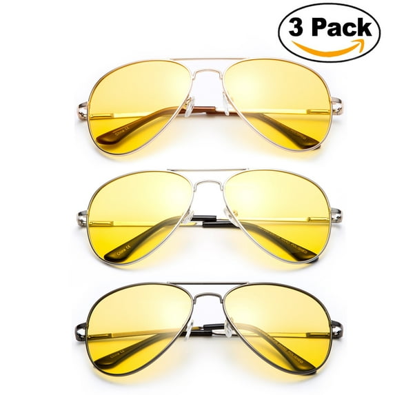 3 Pack - Night Vision Driving Glasses Yellow Amber Lens & Day Time Driving Sunglasses Copper Lens-Classic Aviator Style Glasses with Comfortable Spring Hinge Fit for Most People!