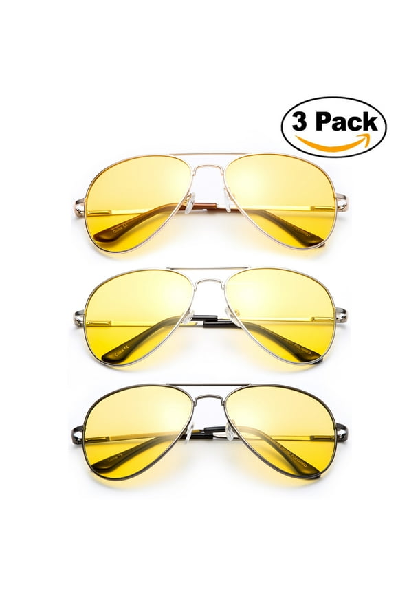 3 Pack - Night Vision Driving Glasses Yellow Amber Lens & Day Time Driving Sunglasses Copper Lens-Classic Aviator Style Glasses with Comfortable Spring Hinge Fit for Most People!