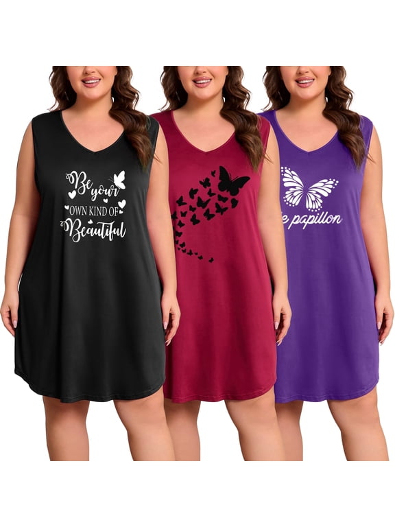3 Pack Nightgowns for Women Plus Size Sleeveless Print Nightshirts Crew Neck Sleepshirt Soft Sleepwear 1X-5X